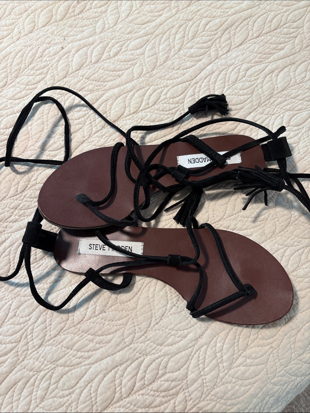 Steve Madden Black Lace-Up Gladiator Sandals with Brown Footbed